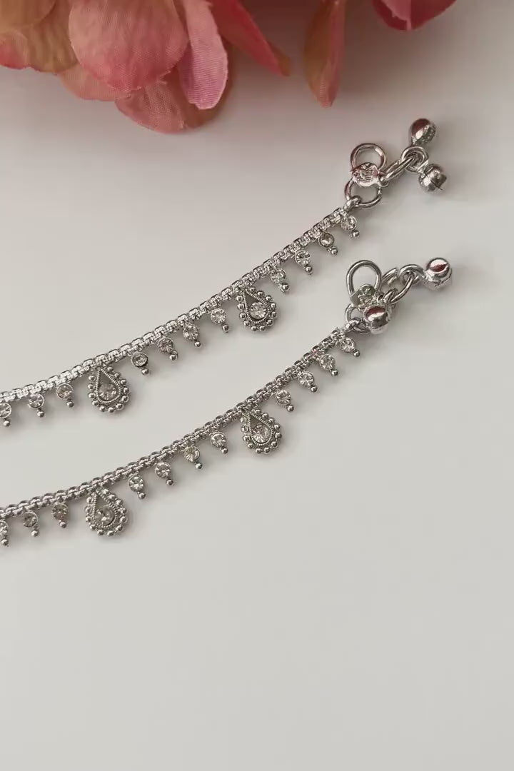 Silver Cubic Zirconia Anklet Payal Pair Diamond Traditional Indian Anklets Temple Anklets