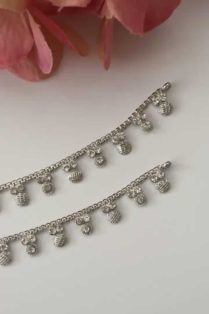 Silver Cubic Zirconia Anklet Payal Pair Diamond Traditional Indian Anklets Temple Anklets Payal Jhanjran Boho Anklets Bollywood Jewelry