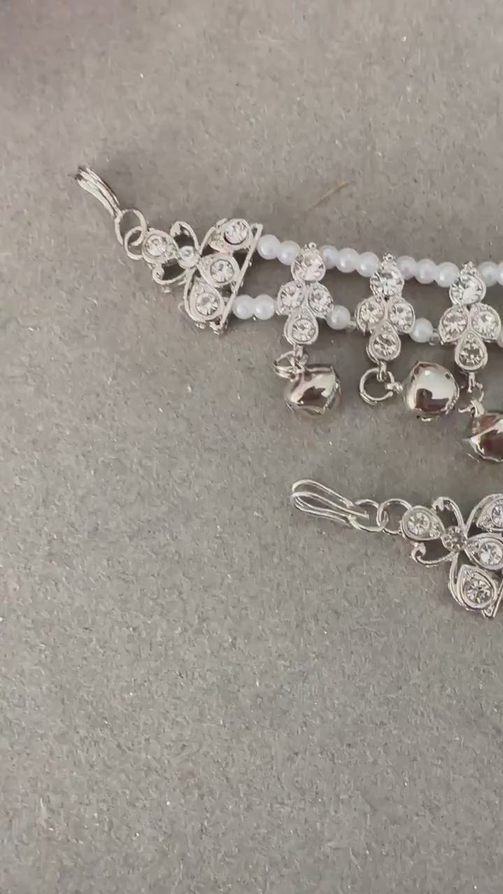 Gg Pretty Silver Imitation Rhinestones Beads Silver JhanjarPayal Bell Ghungru Anklets