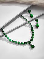 Rhodium-Plated Crystal Emerald Studded Statement Necklace Set