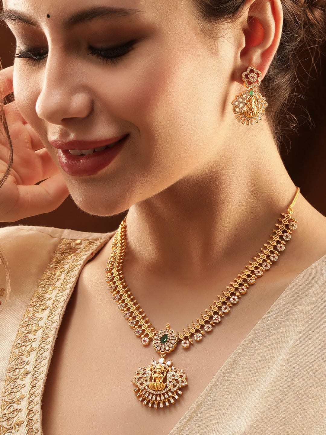 Gold-Plated Goddess Motif Kemp & Zirconia Crystal Studded Pearl Beaded Handcrafted Necklace Set 16