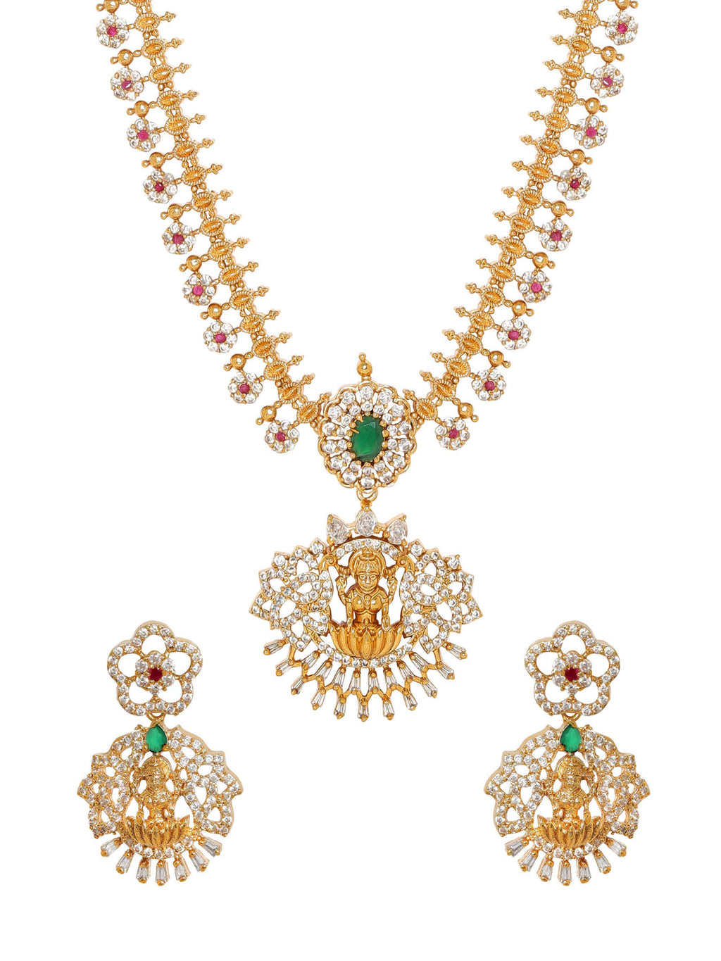 Gold-Plated Goddess Motif Kemp & Zirconia Crystal Studded Pearl Beaded Handcrafted Necklace Set 16