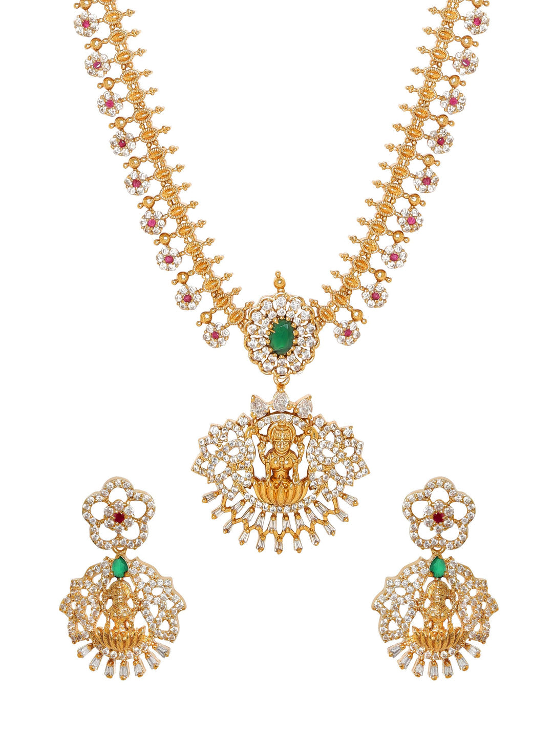 Gold-Plated Goddess Motif Kemp & Zirconia Crystal Studded Pearl Beaded Handcrafted Necklace Set 16