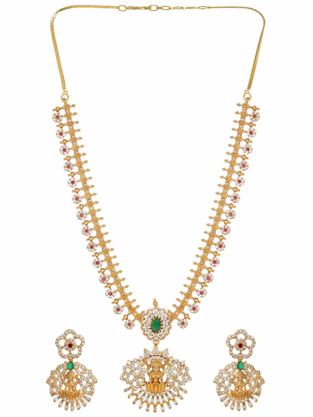 Gold-Plated Goddess Motif Kemp & Zirconia Crystal Studded Pearl Beaded Handcrafted Necklace Set 16