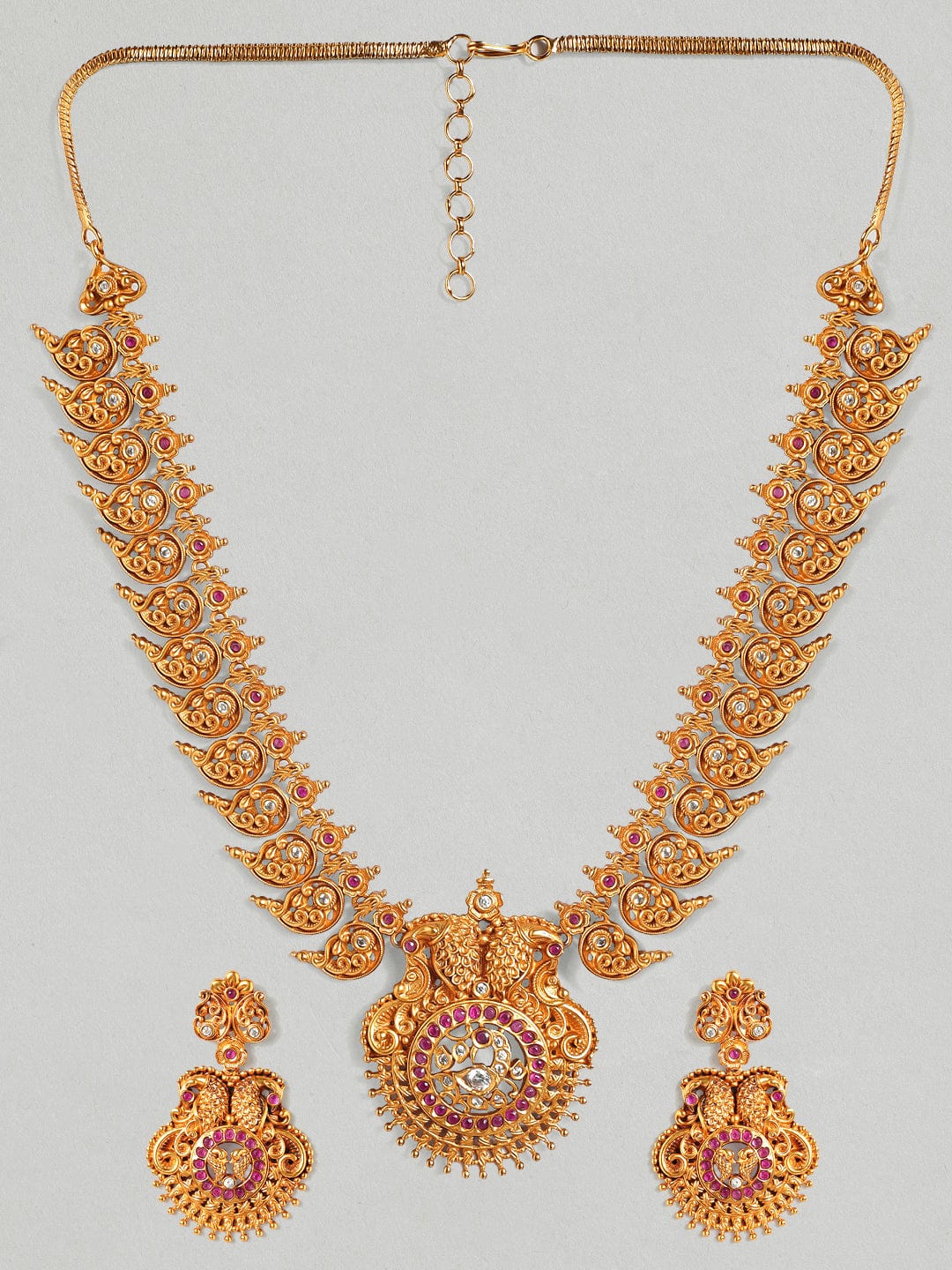 Gold Plated Handcrafted Faux Ruby & Filigree Traditional Necklace Set celebrating a special Occasion : - a birthday, wedding