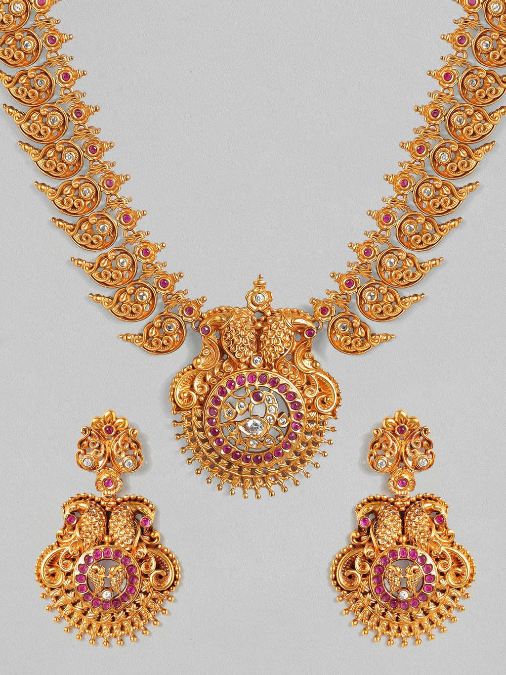 Gold Plated Handcrafted Faux Ruby & Filigree Traditional Necklace Set celebrating a special Occasion : - a birthday, wedding
