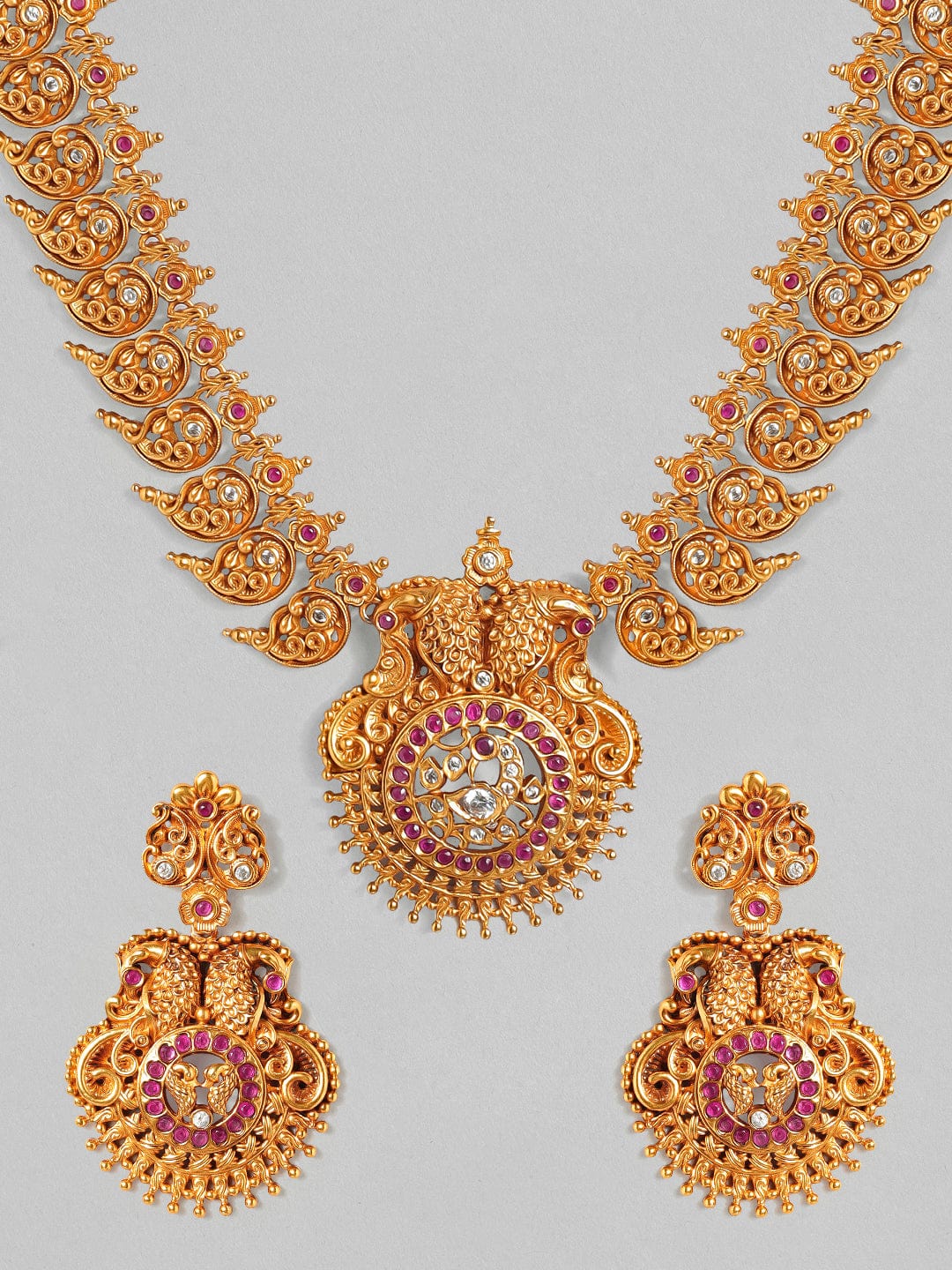 Gold Plated Handcrafted Faux Ruby & Filigree Traditional Necklace Set celebrating a special Occasion : - a birthday, wedding