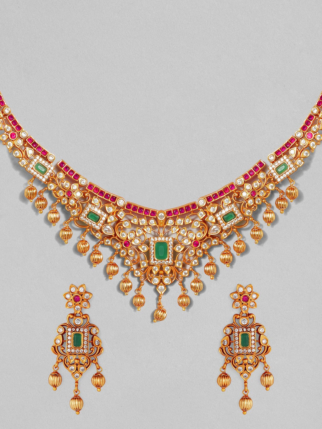 Gold Plated Handcrafted Faux Ruby Stone with Gold Beads Traditional Necklace Set
