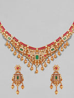 Gold Plated Handcrafted Faux Ruby Stone with Gold Beads Traditional Necklace Set