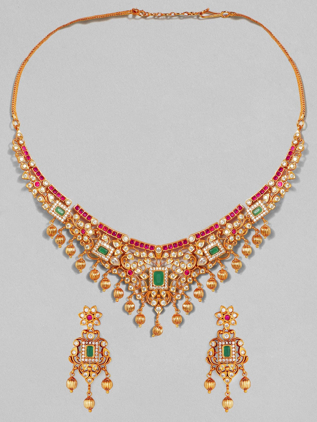 Gold Plated Handcrafted Faux Ruby Stone with Gold Beads Traditional Necklace Set
