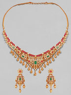 Gold Plated Handcrafted Faux Ruby Stone with Gold Beads Traditional Necklace Set