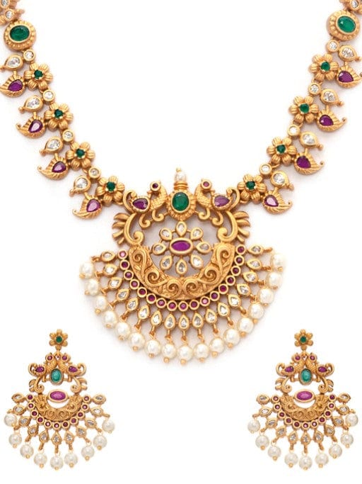 Gold-Plated Handcrafted Faux Ruby Temple Jewellery Set  to any wardrobe  advisable to avoid