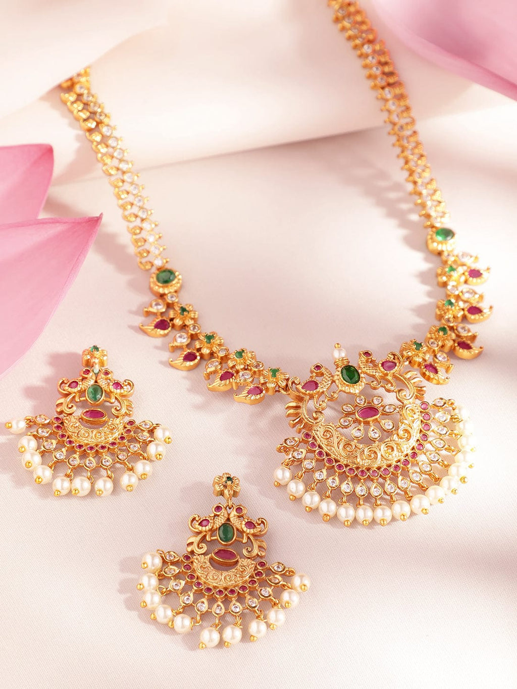 Gold-Plated Handcrafted Faux Ruby Temple Jewellery Set  to any wardrobe  advisable to avoid