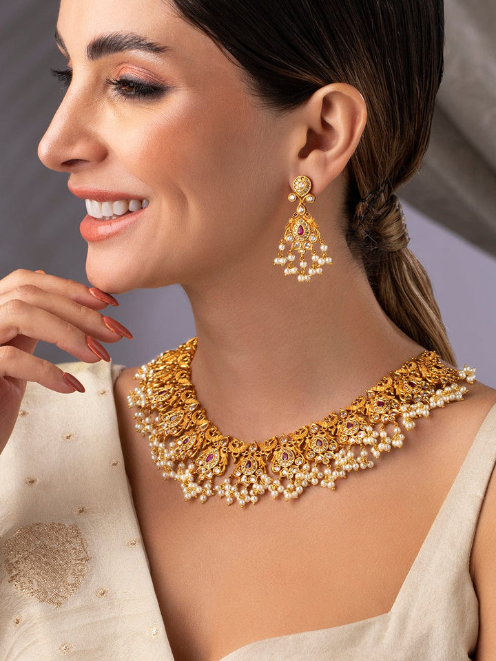 Gold Plated Handcrafted Ruby Stone with Pearls Traditional Necklace Set  Exude the royal vibe