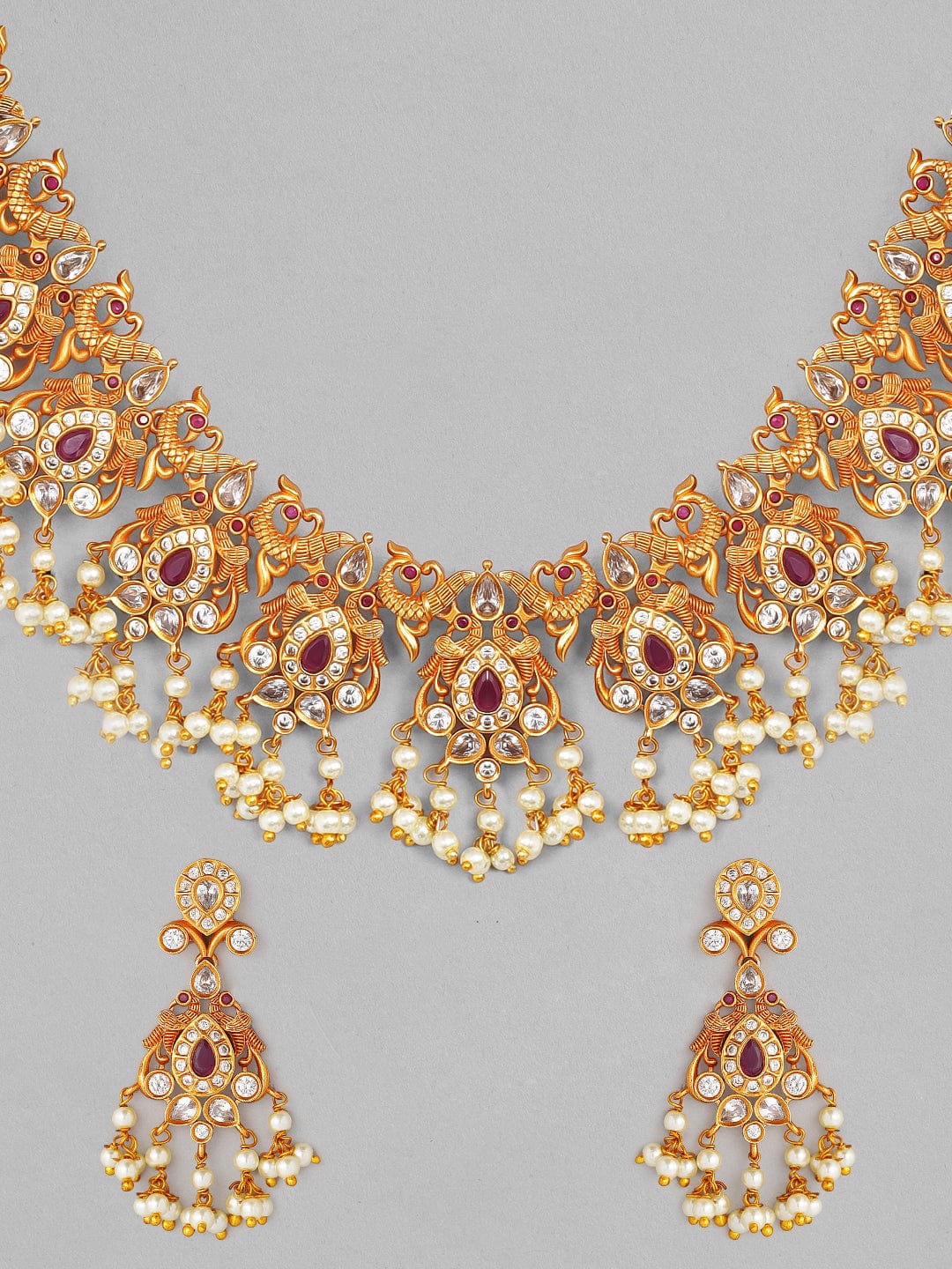 Gold Plated Handcrafted Ruby Stone with Pearls Traditional Necklace Set  Exude the royal vibe