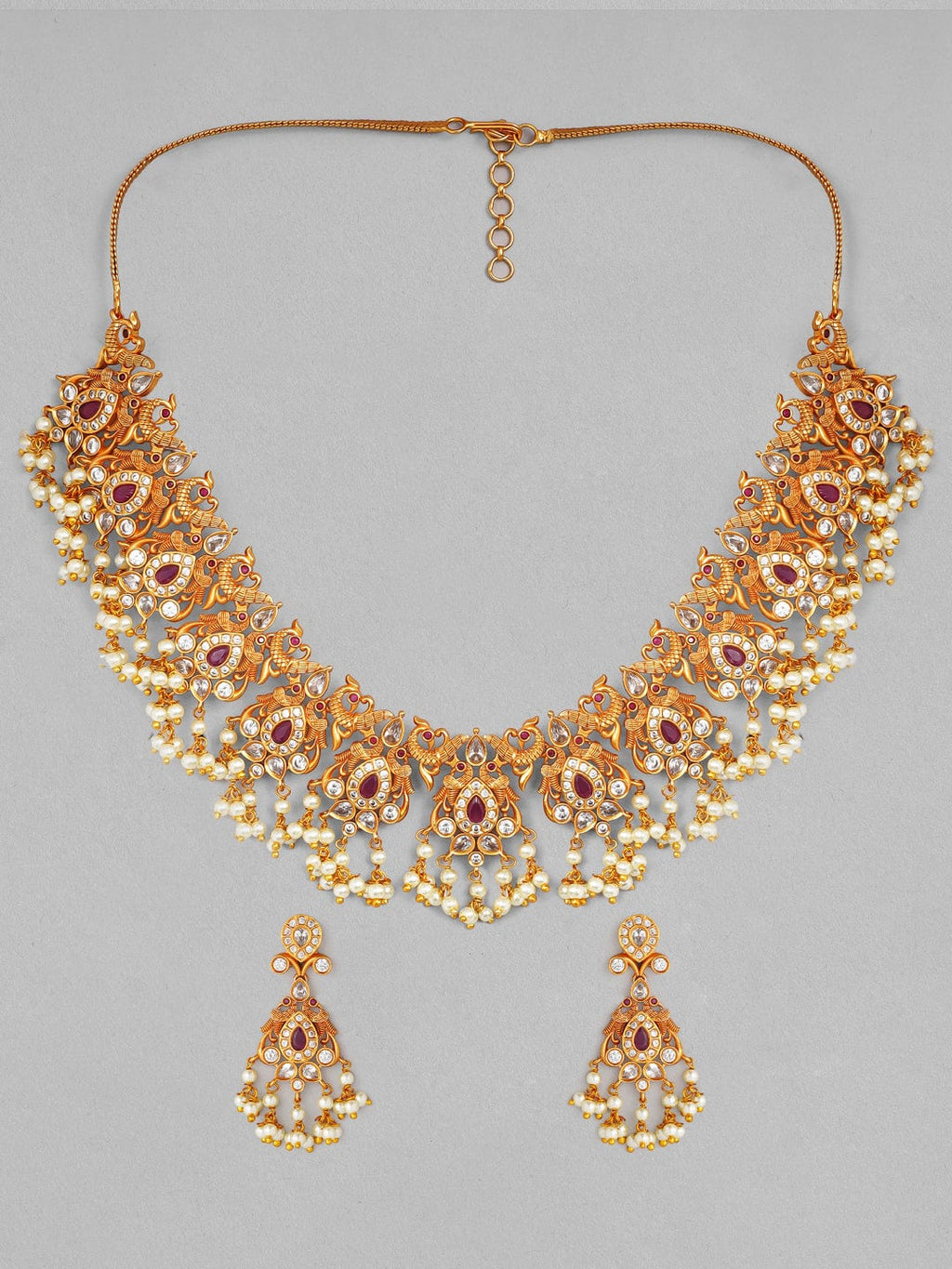 Gold Plated Handcrafted Ruby Stone with Pearls Traditional Necklace Set  Exude the royal vibe