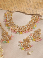Gold plated Kundan studded multicolour beaded chandbali motif Statement Necklace Set