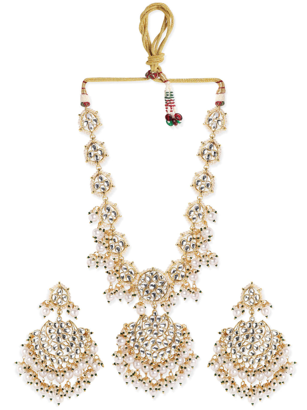 Gold plated Kundan studded Pearl beaded chandbali motif Statement Necklace Set
