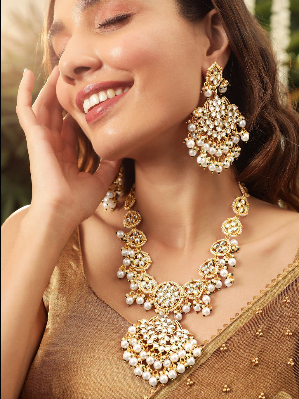 Gold plated Kundan studded Pearl beaded chandbali motif Statement Necklace Set