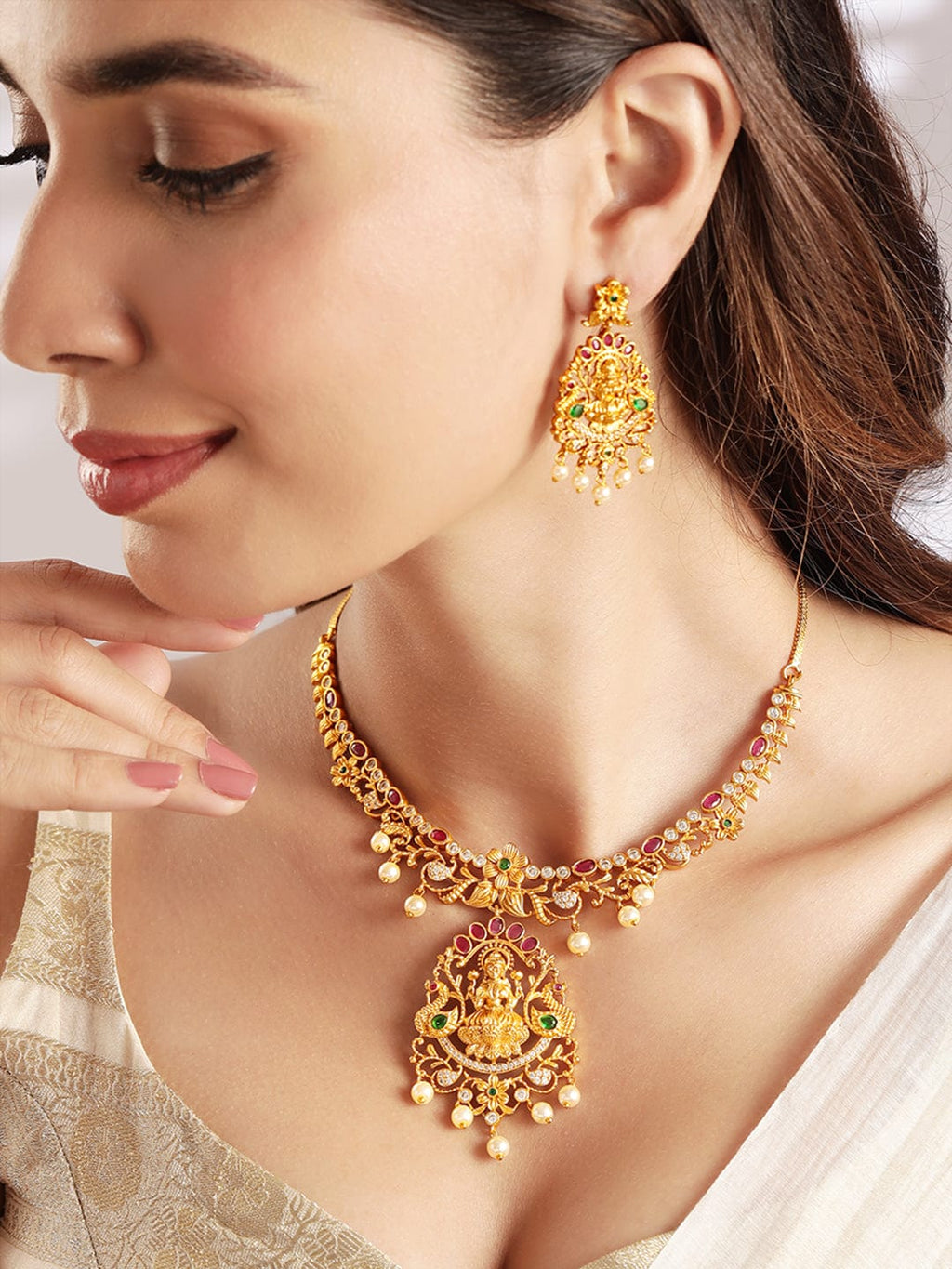 Gold-Plated multicolor CZ studded temple Jewellery Set splash of personality