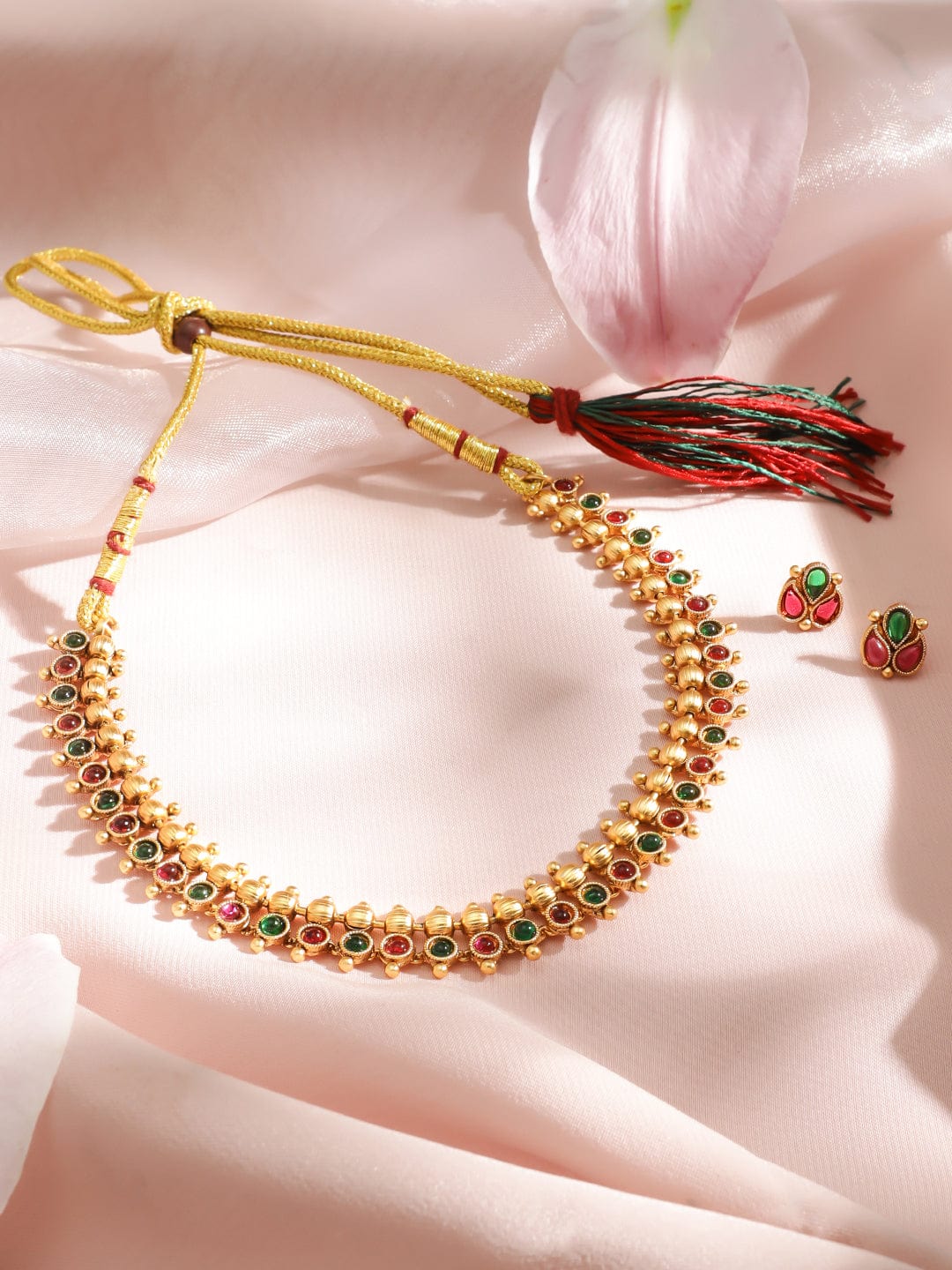 Gold Plated Traditional Temple Necklace Set with Ruby & Emerald Stone Studded Golden Beads