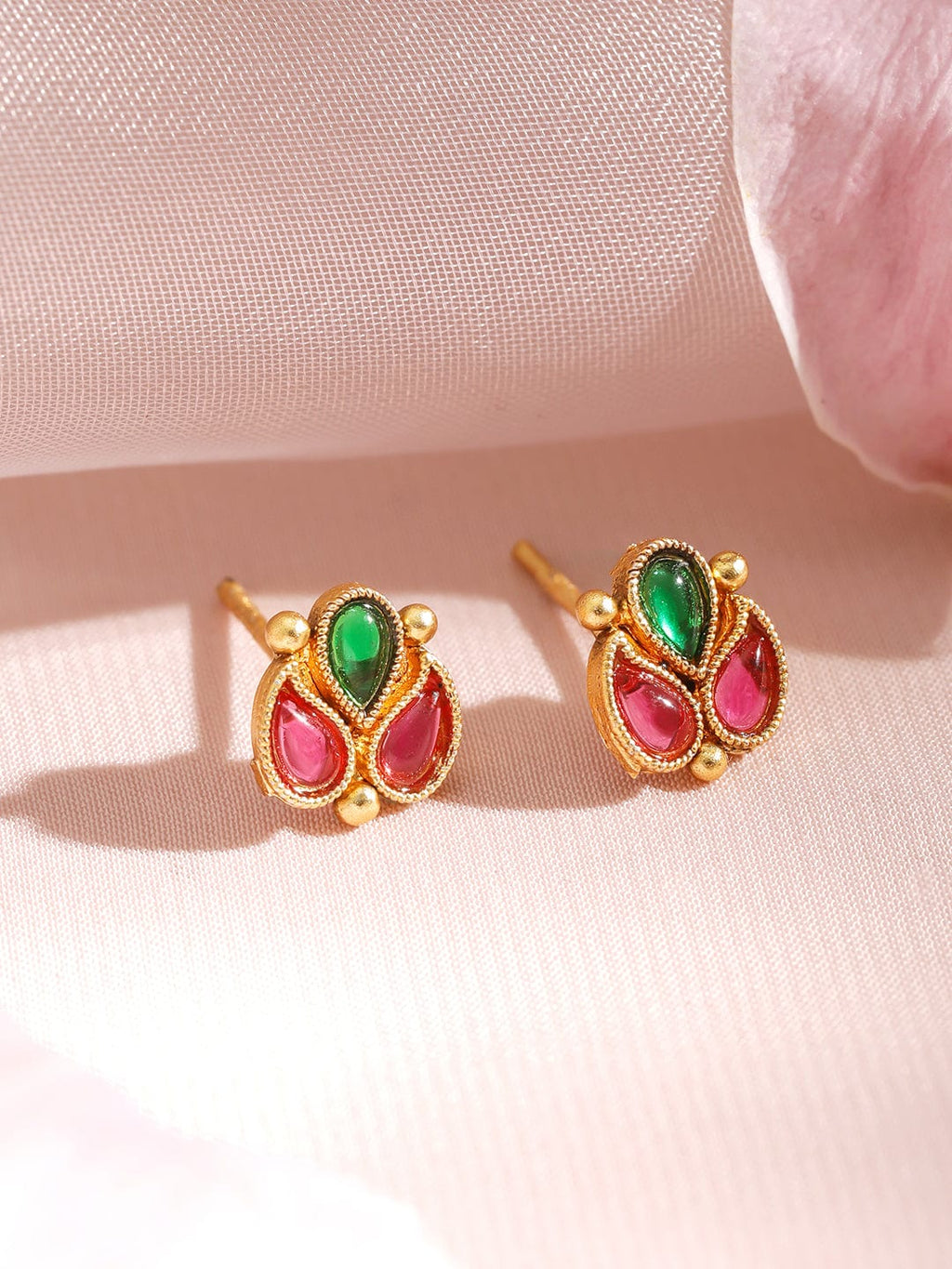 Gold Plated Traditional Temple Necklace Set with Ruby & Emerald Stone Studded Golden Beads