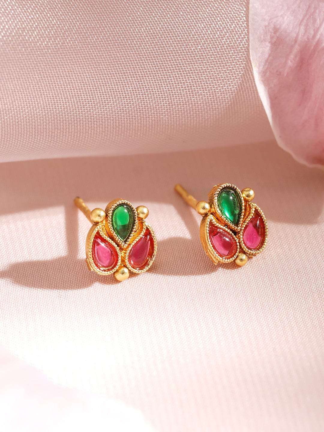 Gold Plated Traditional Temple Necklace Set with Ruby & Emerald Stone Studded Golden Beads