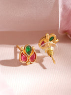 Gold Plated Traditional Temple Necklace Set with Ruby & Emerald Stone Studded Golden Beads