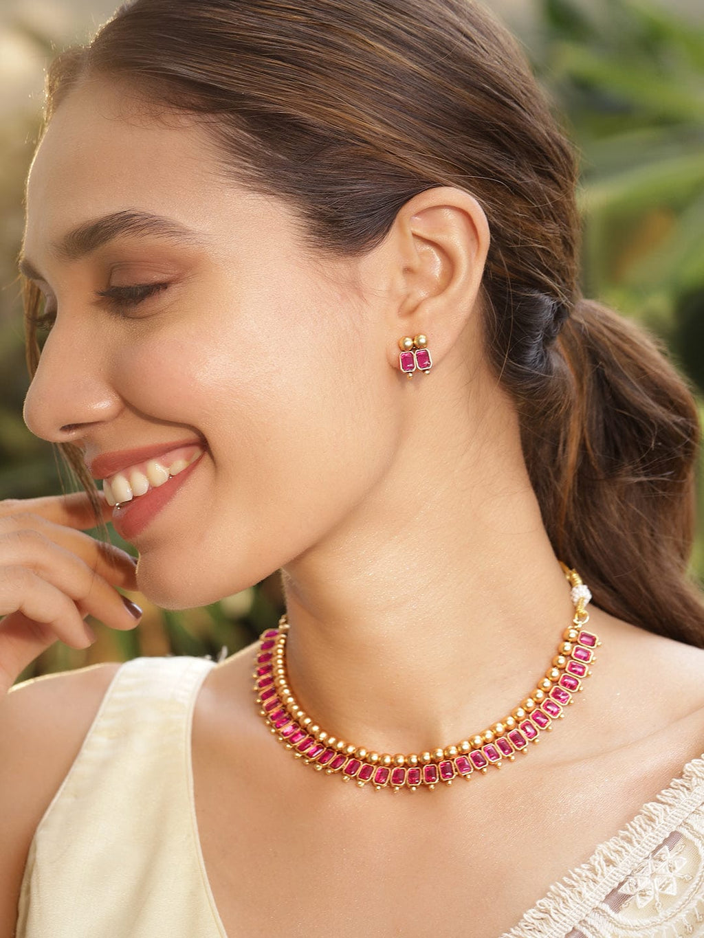 Gold-Plated Brass Red Stone Studded Necklace Set  organic chemicals