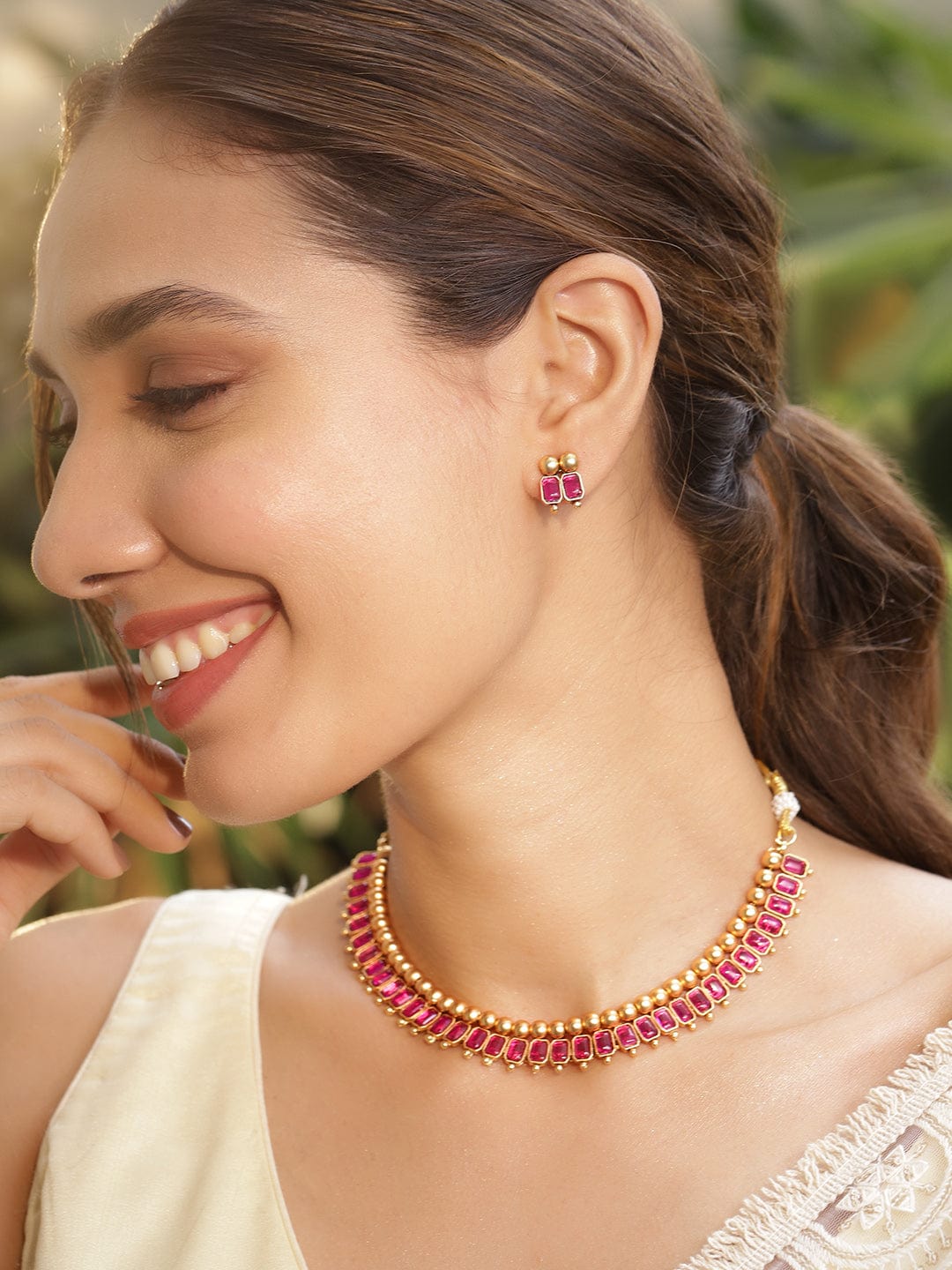 Gold-Plated Brass Red Stone Studded Necklace Set  organic chemicals