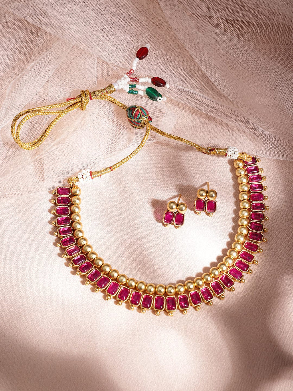 Gold-Plated Brass Red Stone Studded Necklace Set  organic chemicals