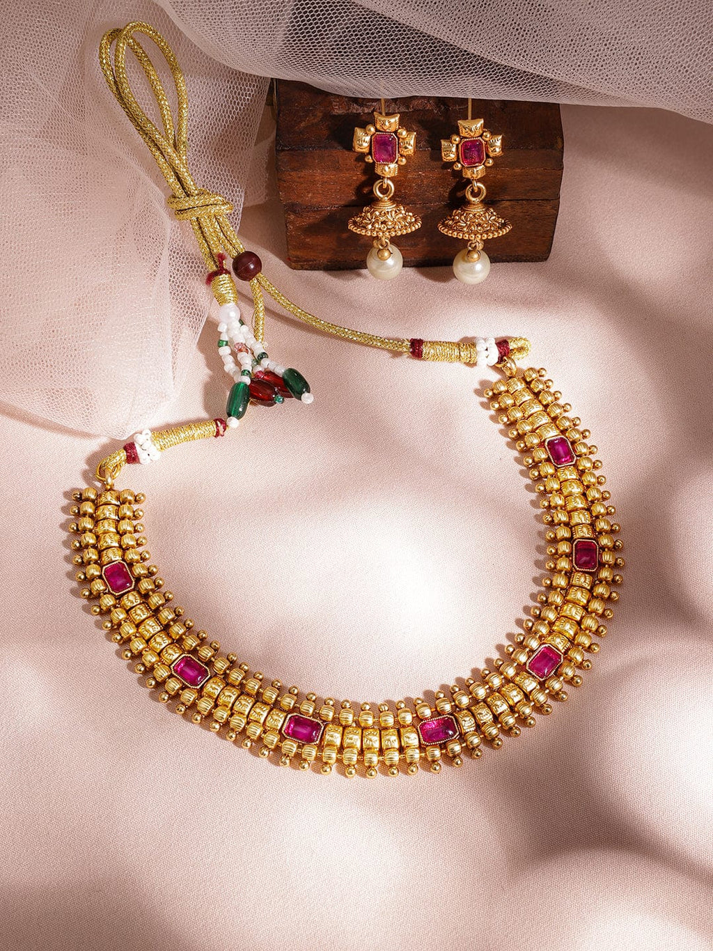 Gold Plated Brass Red Stone Studded Pearls Hanging Layered Necklace Set whole new level with this handcrafted piece