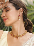 Gold Plated Brass Red Stone Studded Pearls Hanging Layered Necklace Set whole new level with this handcrafted piece
