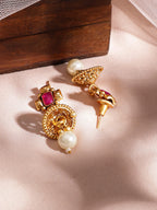 Gold Plated Brass Red Stone Studded Pearls Hanging Layered Necklace Set whole new level with this handcrafted piece