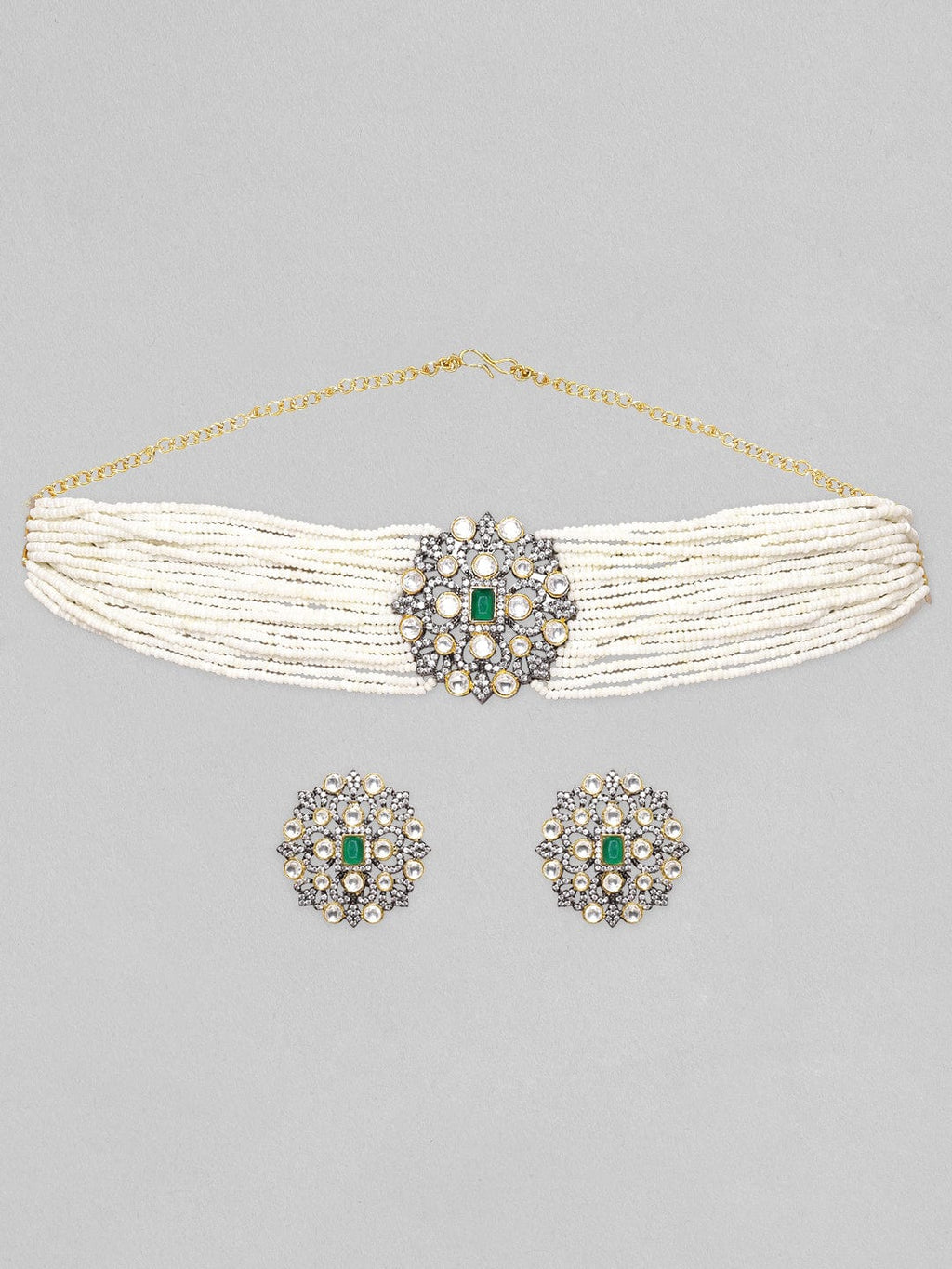 Black Gold Plated Polki Zirconia & Pearl Beaded Choker Set water and organic chemicals