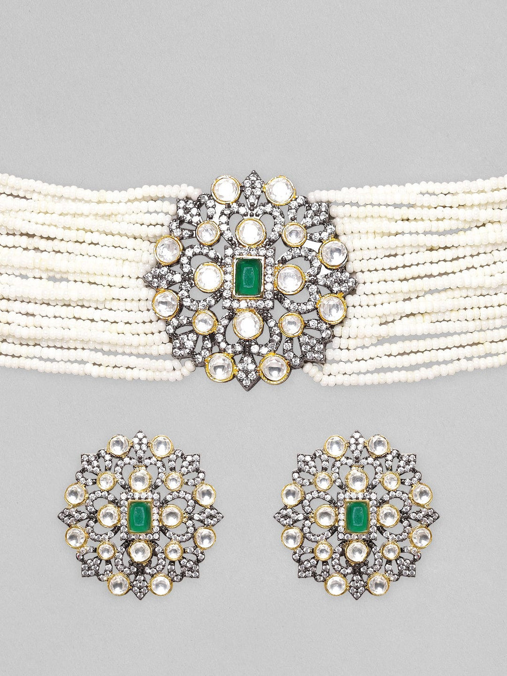 Black Gold Plated Polki Zirconia & Pearl Beaded Choker Set water and organic chemicals