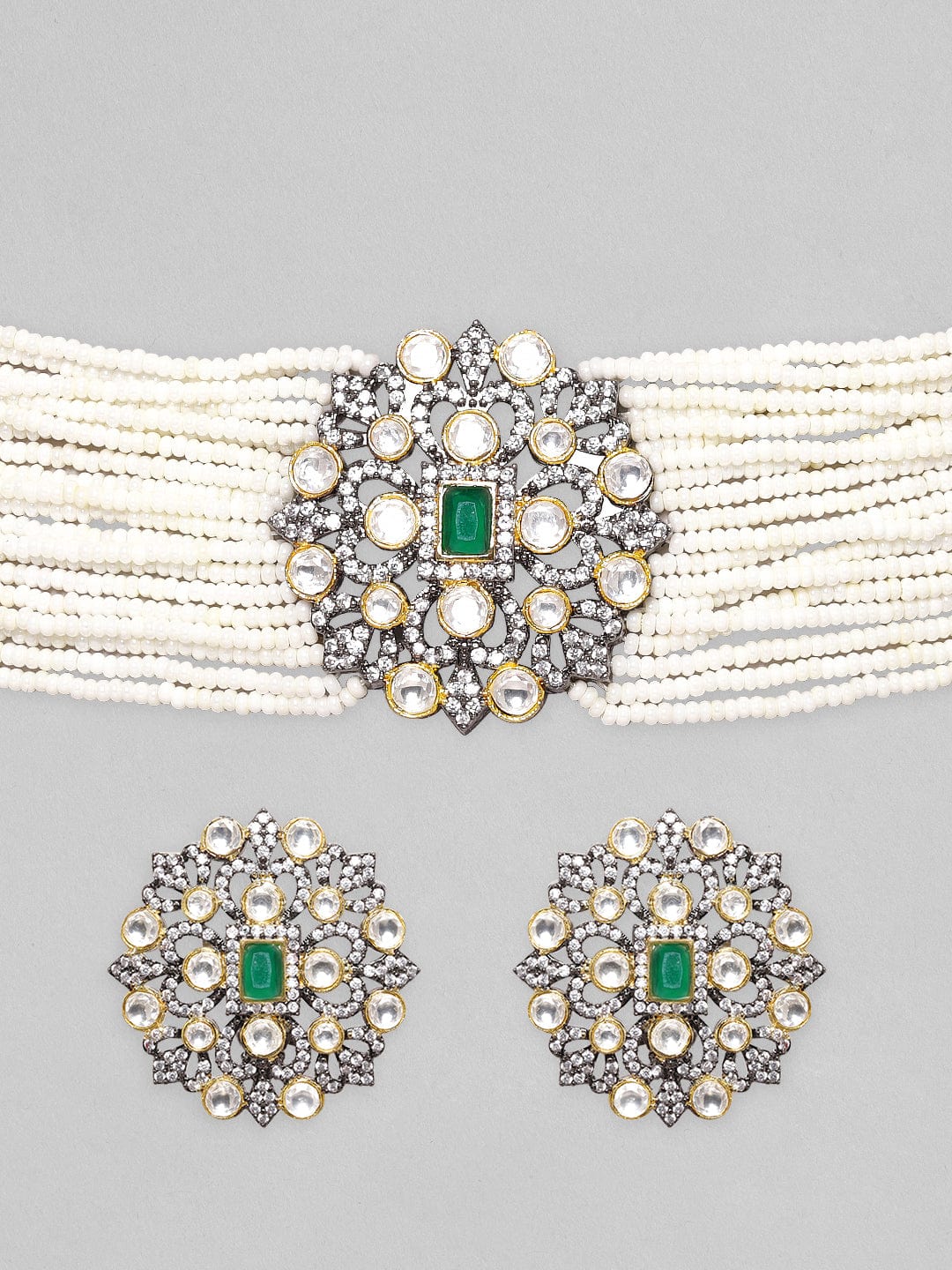 Black Gold Plated Polki Zirconia & Pearl Beaded Choker Set water and organic chemicals