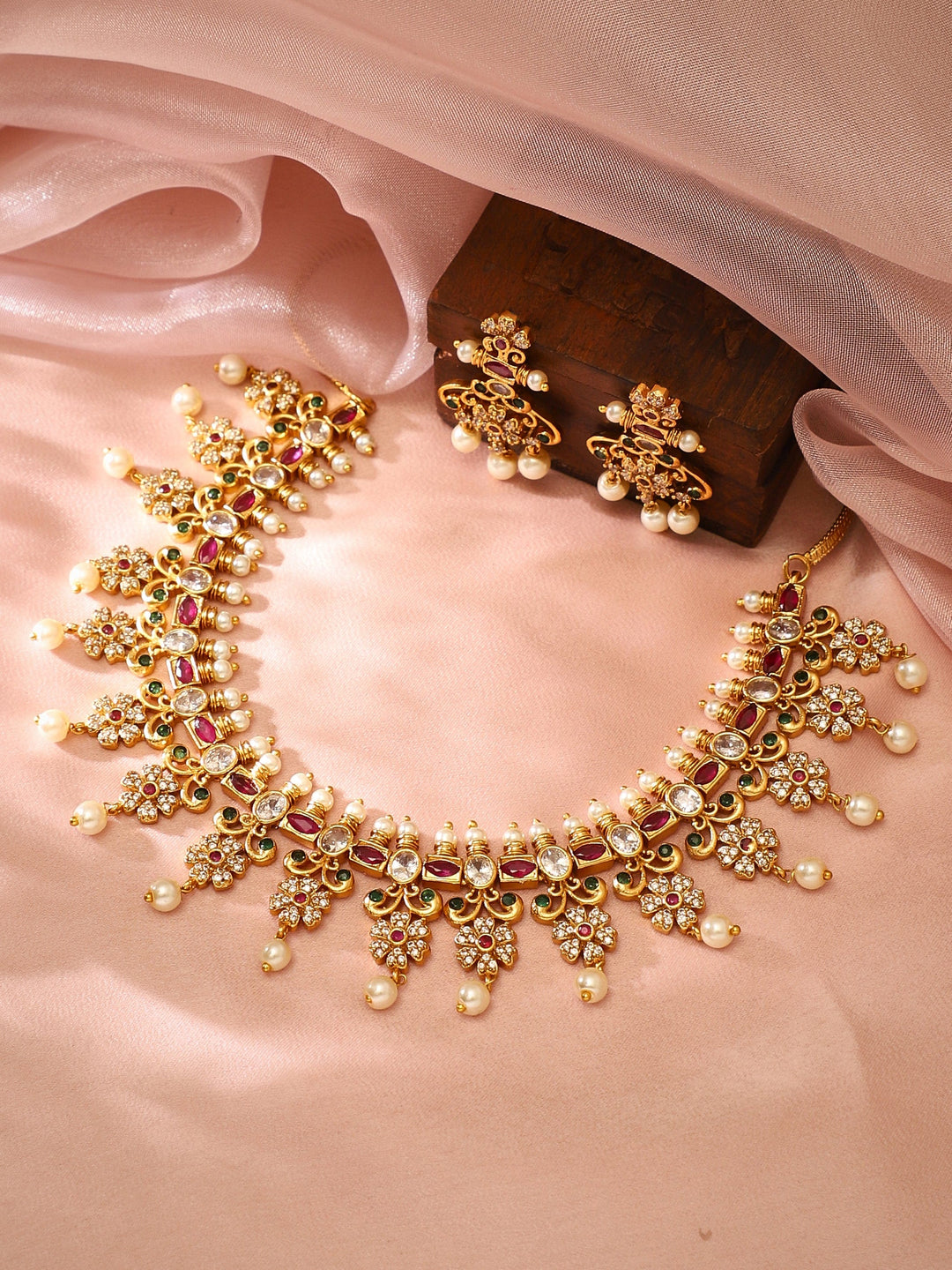 Gold Plated CZ Studded Floral Temple Jewellery Set  19