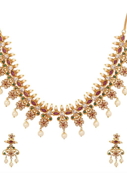 Gold Plated CZ Studded Floral Temple Jewellery Set  19