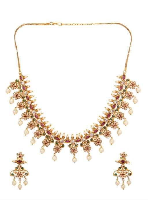 Gold Plated CZ Studded Floral Temple Jewellery Set  19