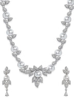 Rhodium plated Pearl & Zirconia studded Flora motif Enchanting Necklace set