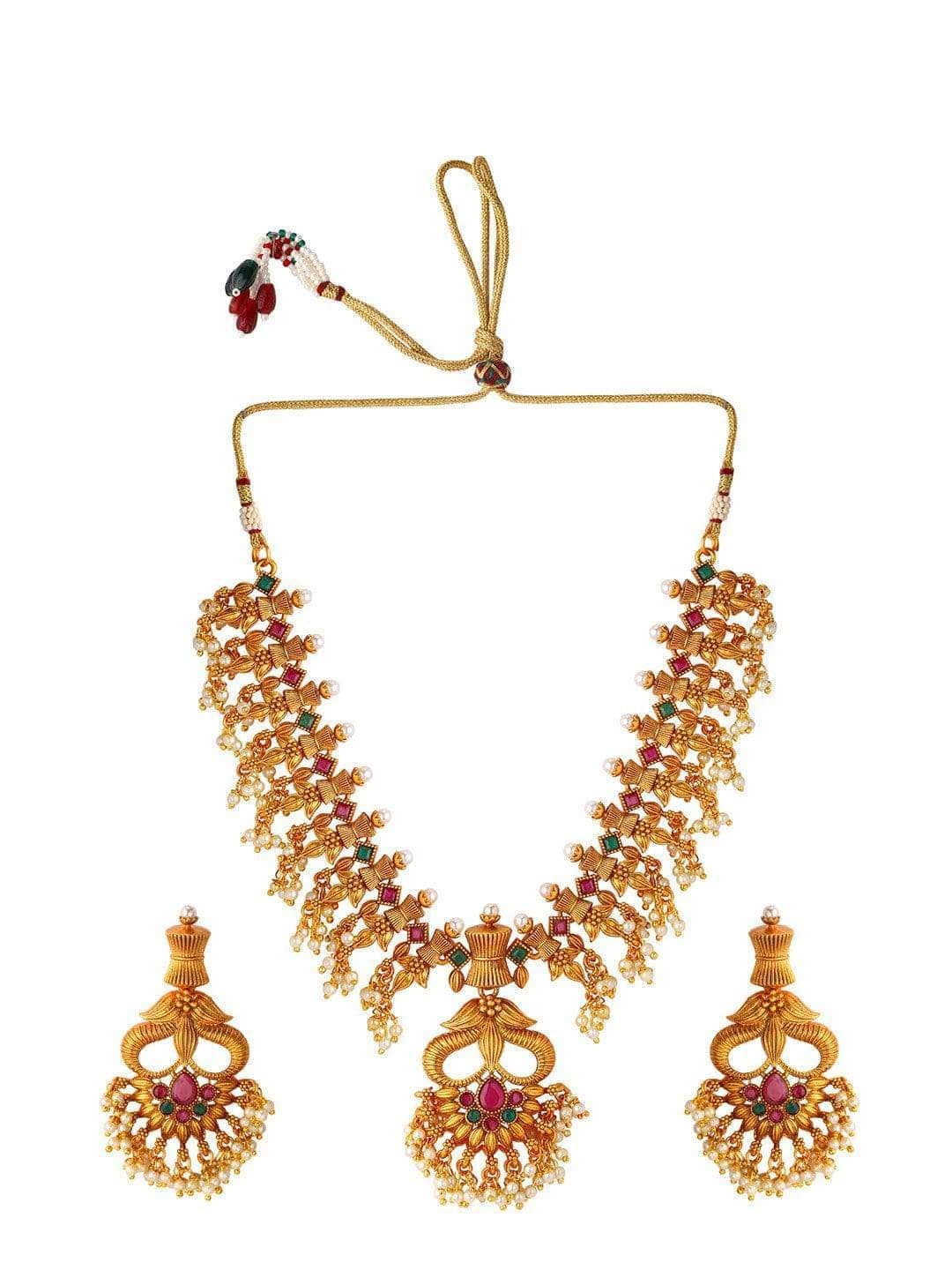 Women Gold-Toned Color Stone Temple Necklace Set water and organic chemicals