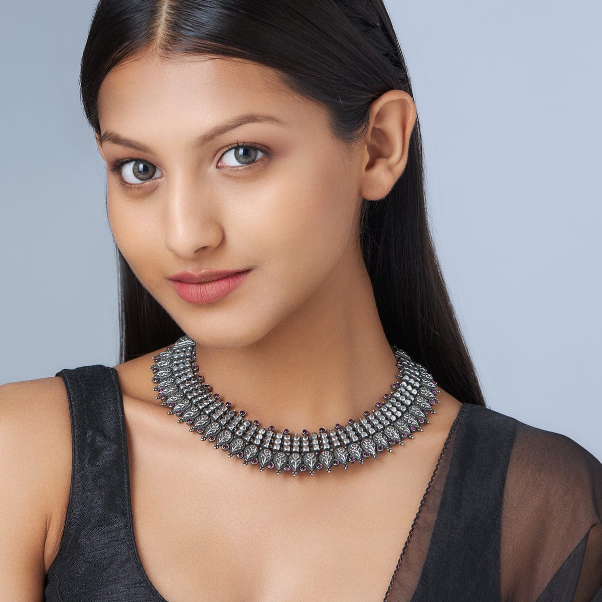 Silver Necklace with Pink stones